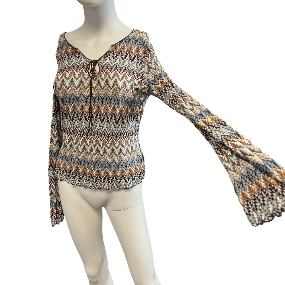 Vintage Eyeshadow Y2K Top Brown Mesh Tie Neck Size L Boho Chic Festival Hippie